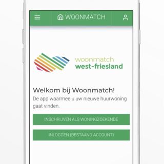 Telefoon met op het scherm Woonmatch West Friesland
