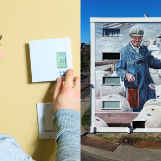 Bewoner draait aan de thermostaat en kunstwerk op een woongebouw